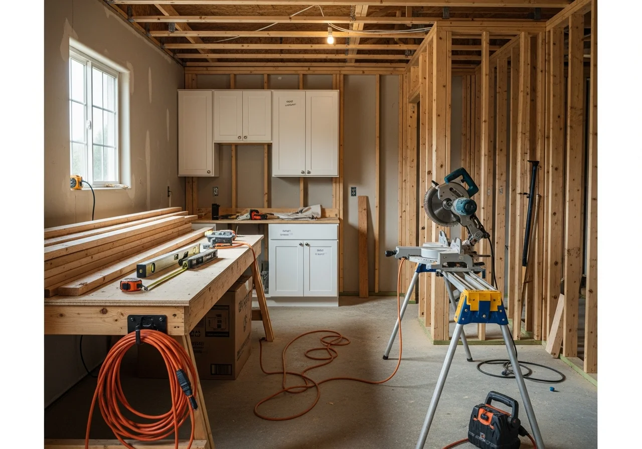 A well-organized job site with tools, materials, and framing in progress, showing professional residential construction setup.