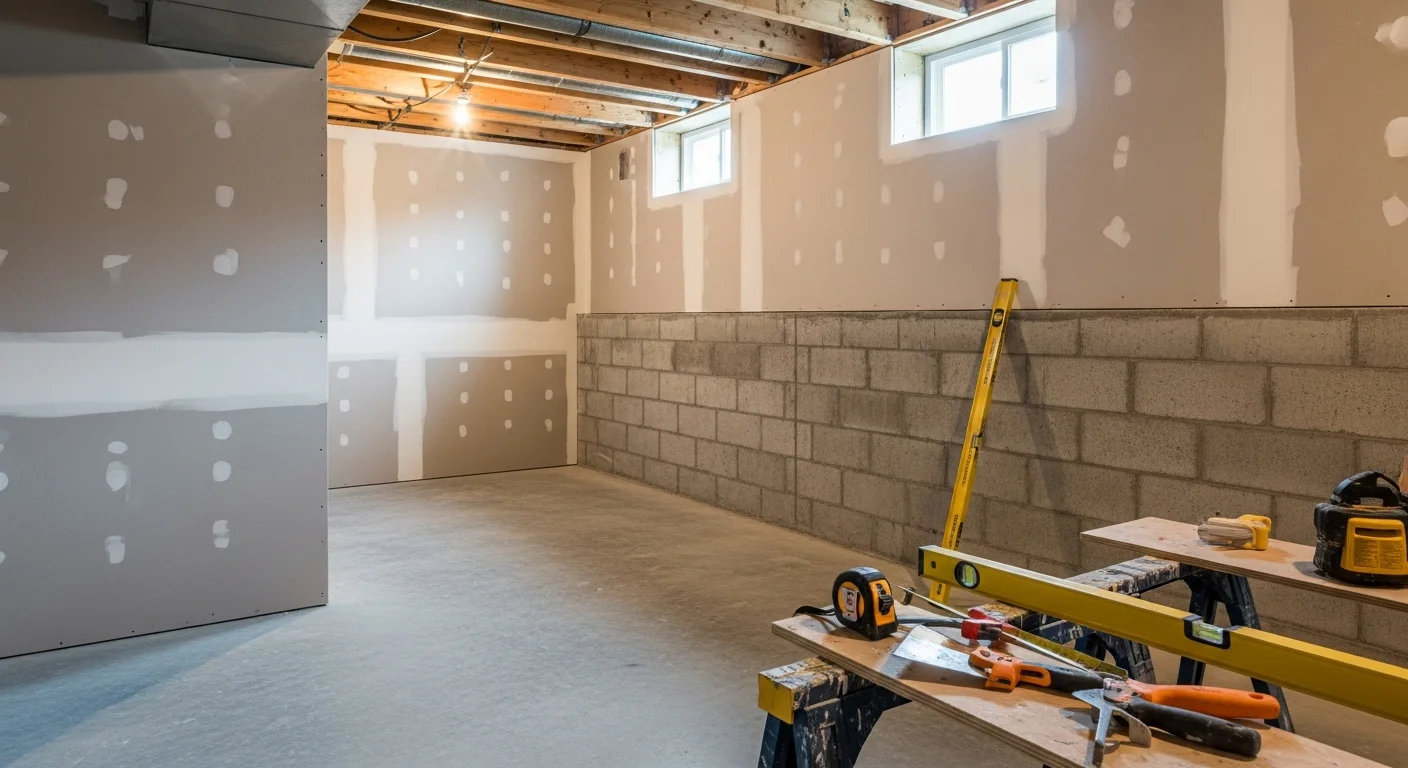 Finished basement with drywall, flooring, and lighting