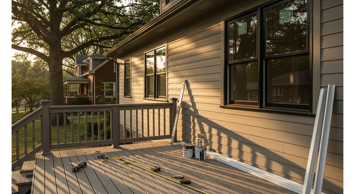 Home exterior with new siding, windows, and deck