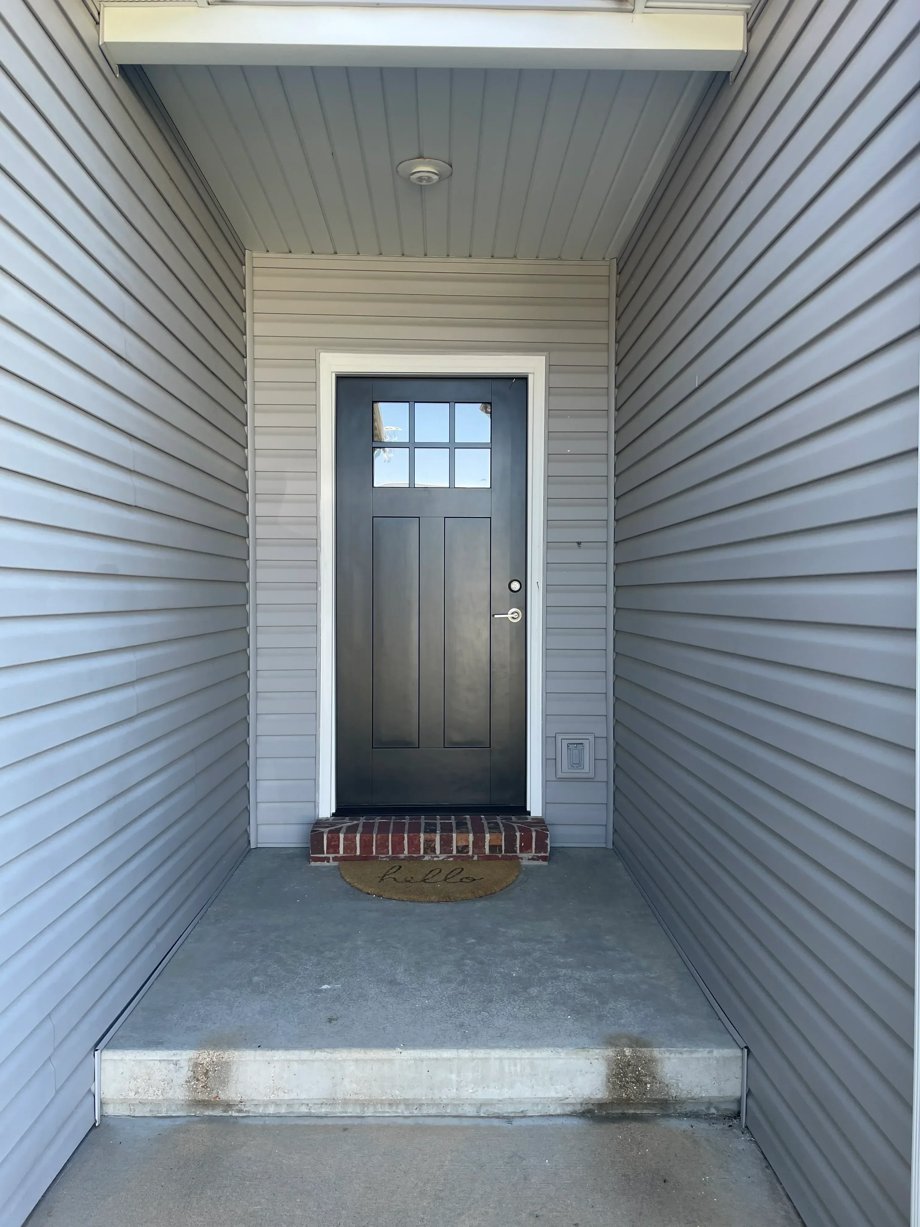 Black modern garage door with aluminum frame and window panels in finished garage
