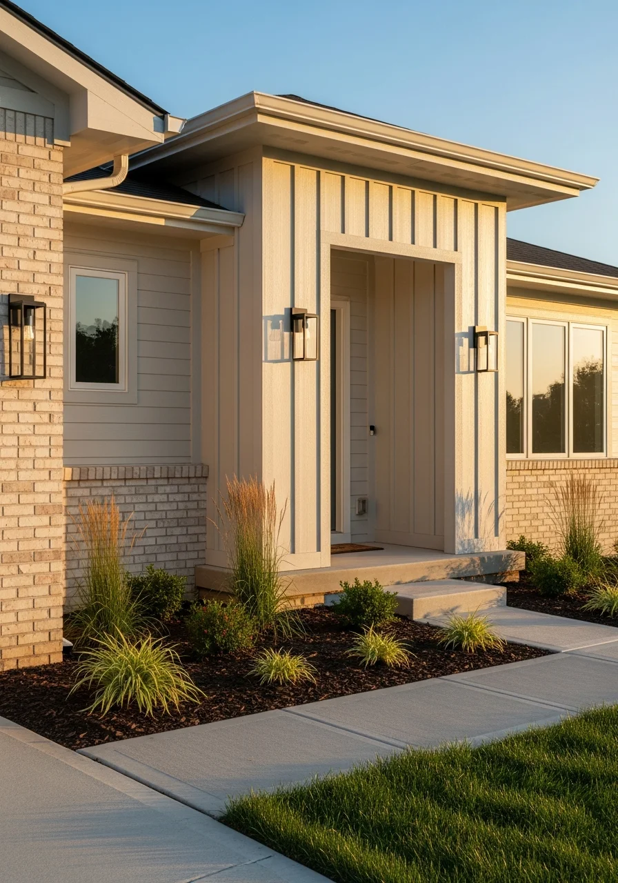 Close-up of a Fenton home's front entrance with landscaping and modern architectural details.
