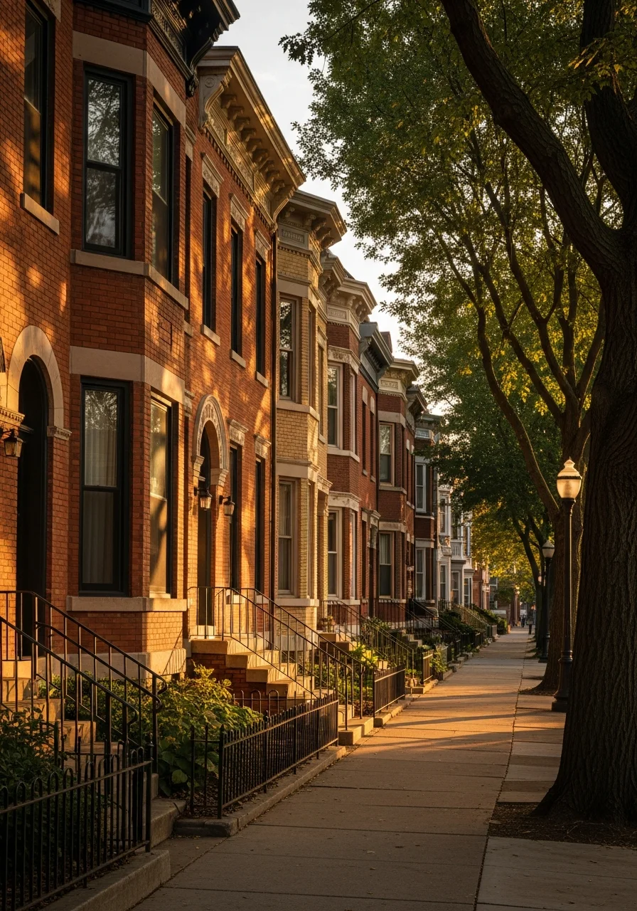 Street-level view of a historic St. Louis neighborhood with brick homes and mature trees lining the sidewalk.