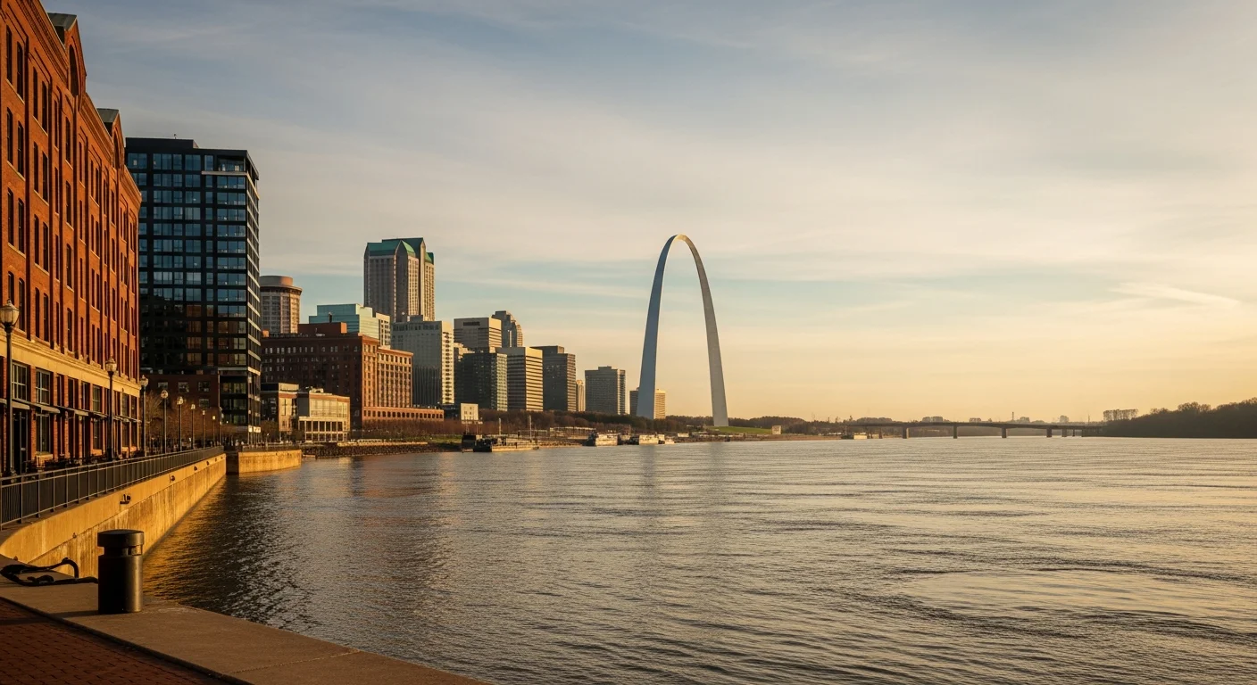 St. Louis skyline with the Gateway Arch and downtown riverfront buildings visible across the Mississippi River.