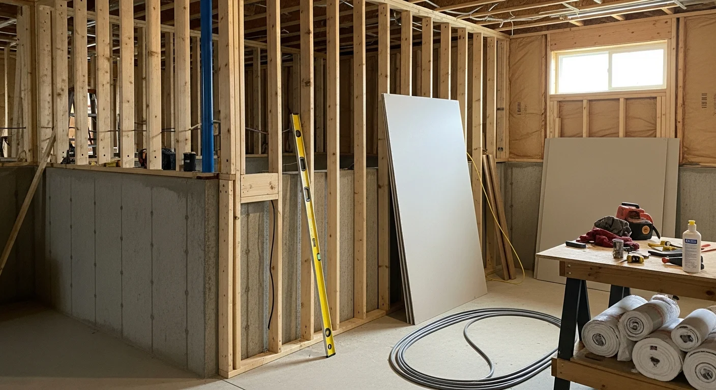 A finished basement in a Franklin County, Washington home featuring framed walls, installed flooring, and recessed lighting. The space is set up as a family room with clean drywall and trim work completed by Lamb Contracting LLC.
