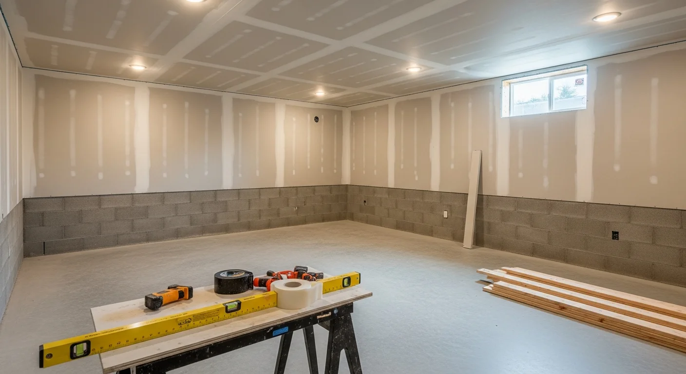 A finished basement in a Franklin County, Washington home featuring framed walls, recessed lighting, and durable flooring. The remodeled space is set up as a living area with clean drywall and painted surfaces throughout.