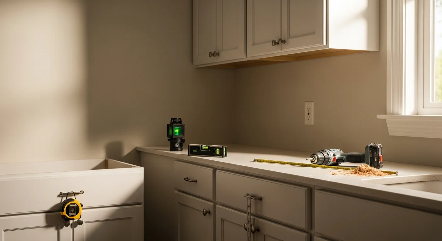 Newly installed wood-finish kitchen cabinets with aligned doors and brushed hardware in a single-story Pasco, Washington home. Cabinet run extends from floor to ceiling along one wall, with open countertop space below.