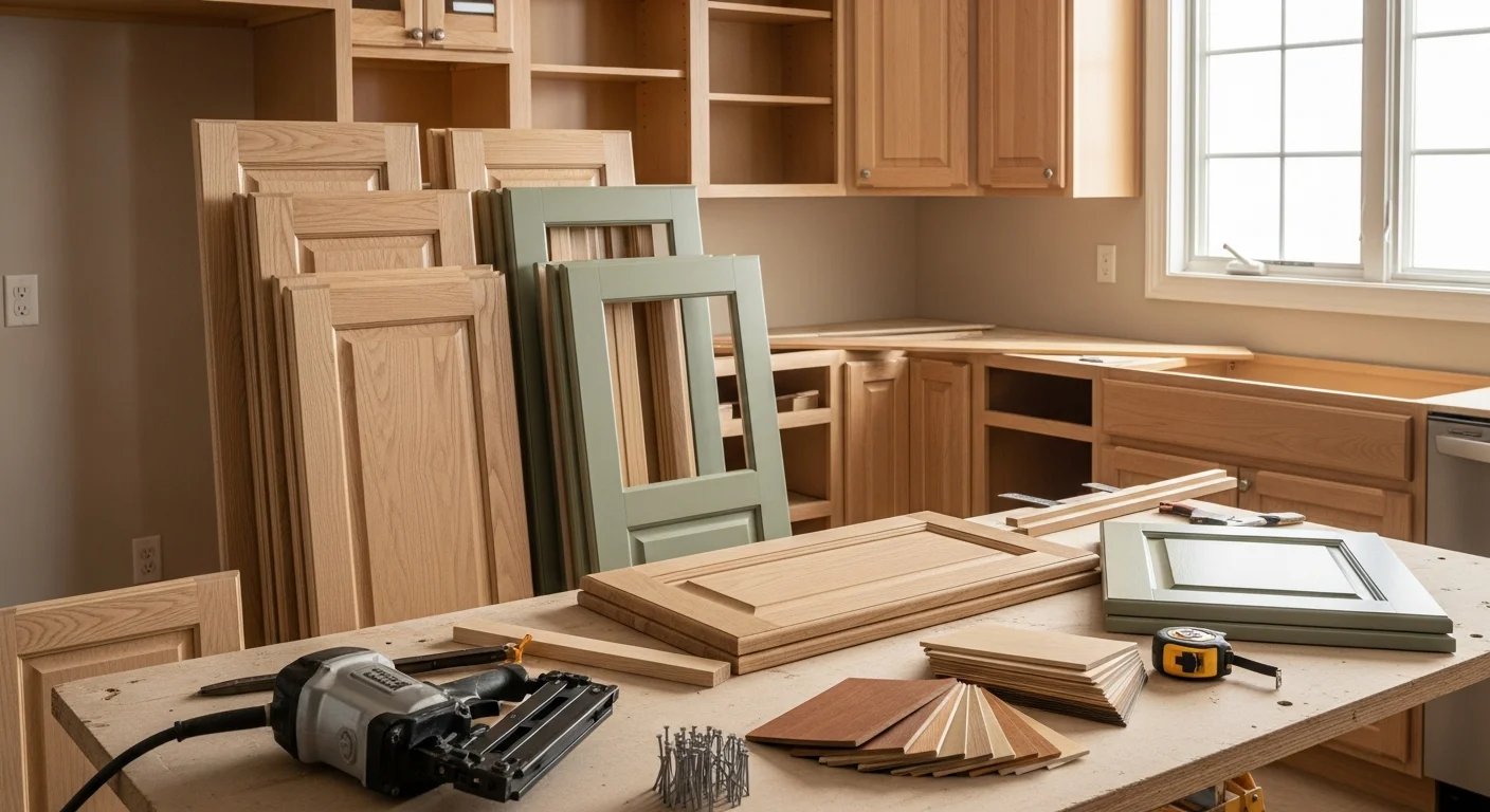 Refaced kitchen cabinets in a Franklin County, Washington home showing new flat-panel doors, updated drawer fronts, and fresh hardware installed over existing cabinet boxes. The kitchen layout remains unchanged with a clean, modern finish throughout.