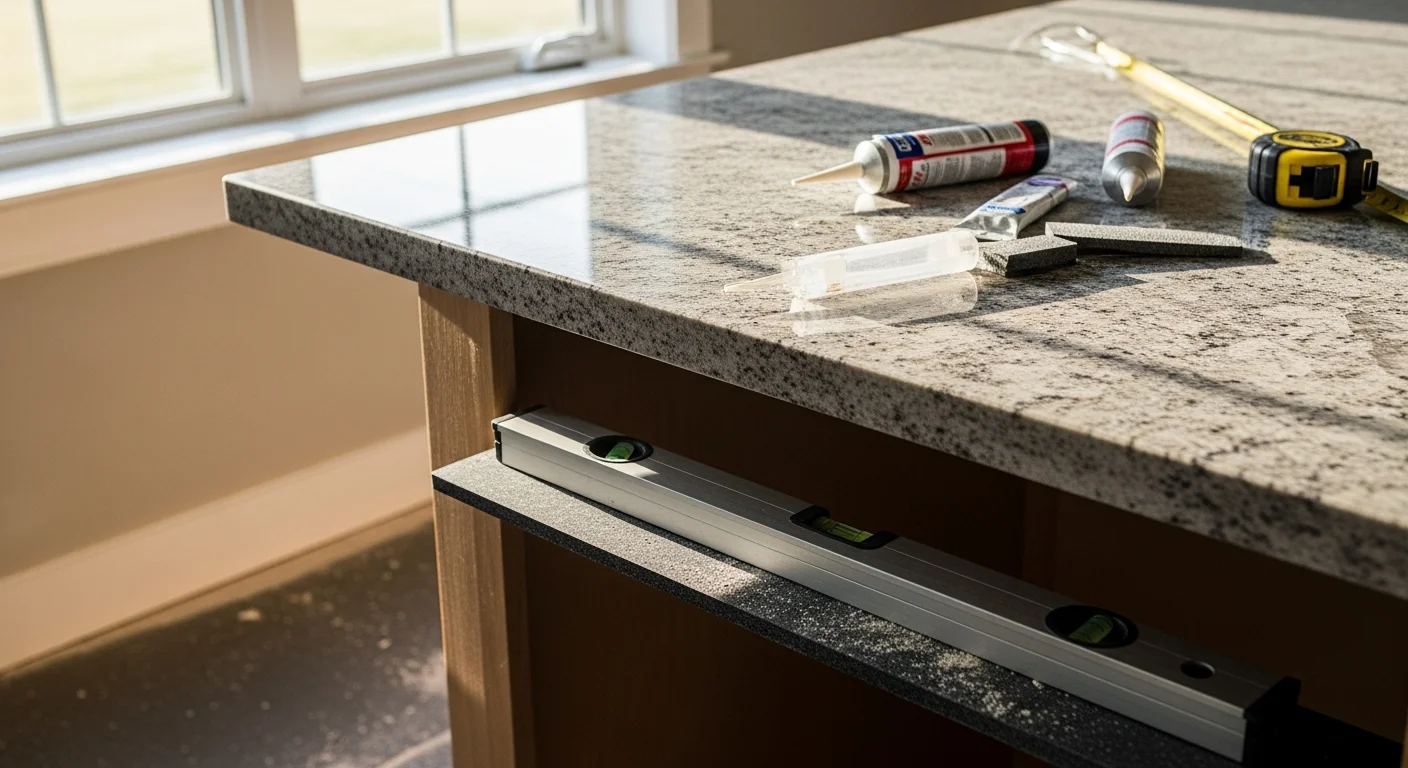 Newly installed kitchen countertop fitted along existing wood cabinets in a Franklin County, Washington home. The surface runs from the sink wall to the corner with clean seams and a flush edge along the backsplash.