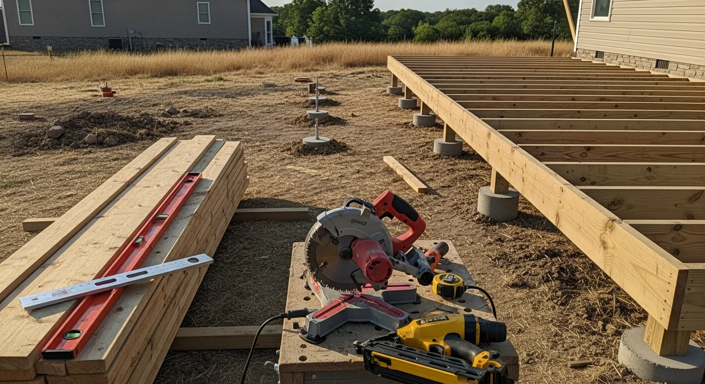 A newly built wood-framed deck attached to a single-family home in Franklin County, Washington, with a clean railing system and open backyard view. The deck surface shows tight board spacing and a stair section leading to the yard.