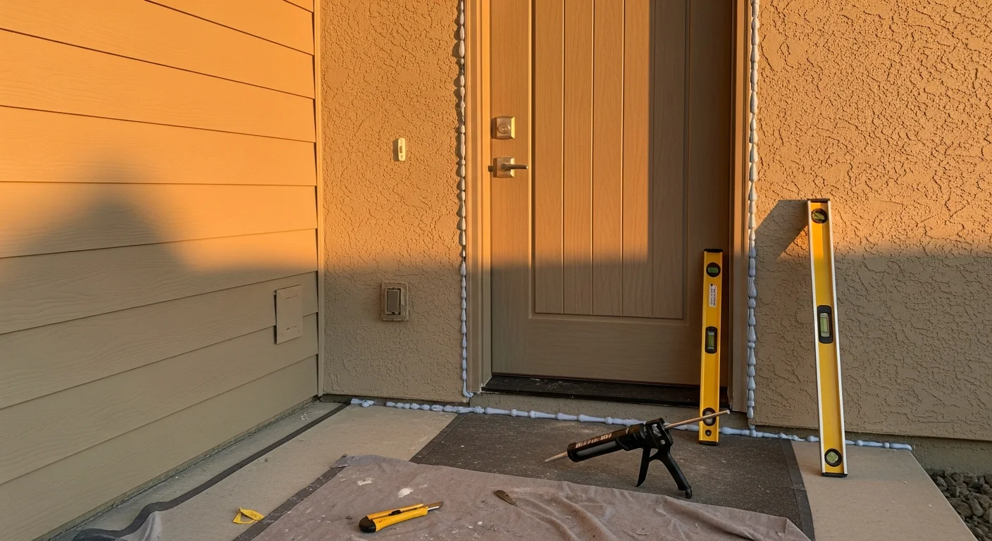 A newly installed exterior entry door on a single-story residential home in Pasco, Franklin County, Washington. The door frame is cleanly fitted with fresh weathersealing visible along the edges.