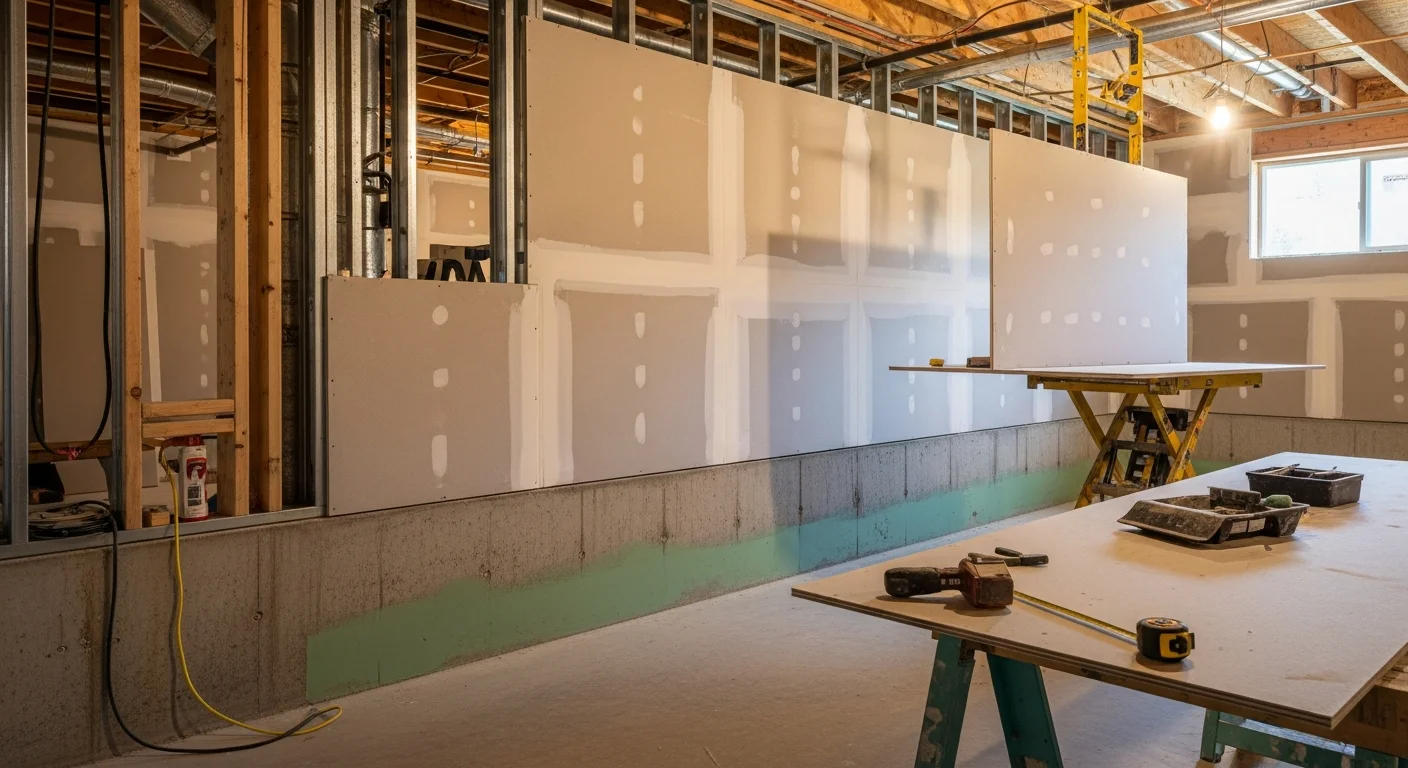 Freshly installed and finished drywall covering the framed walls of a basement remodel in Franklin County, Washington. Smooth, taped seams and clean corners are visible throughout the below-grade space.