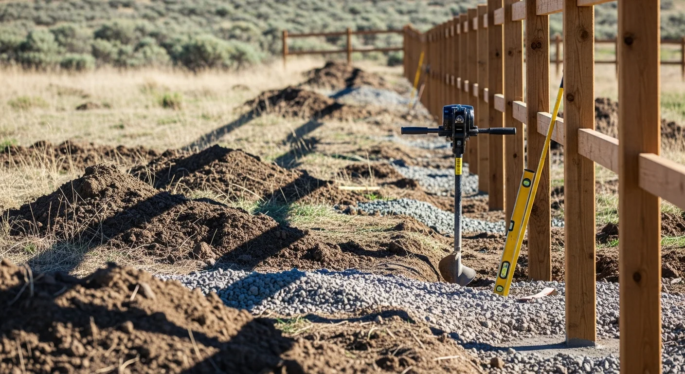 A newly installed wooden privacy fence along the backyard perimeter of a single-family home in Franklin County, Washington, with posts set in dry eastern Washington soil and a latched gate visible at the corner.