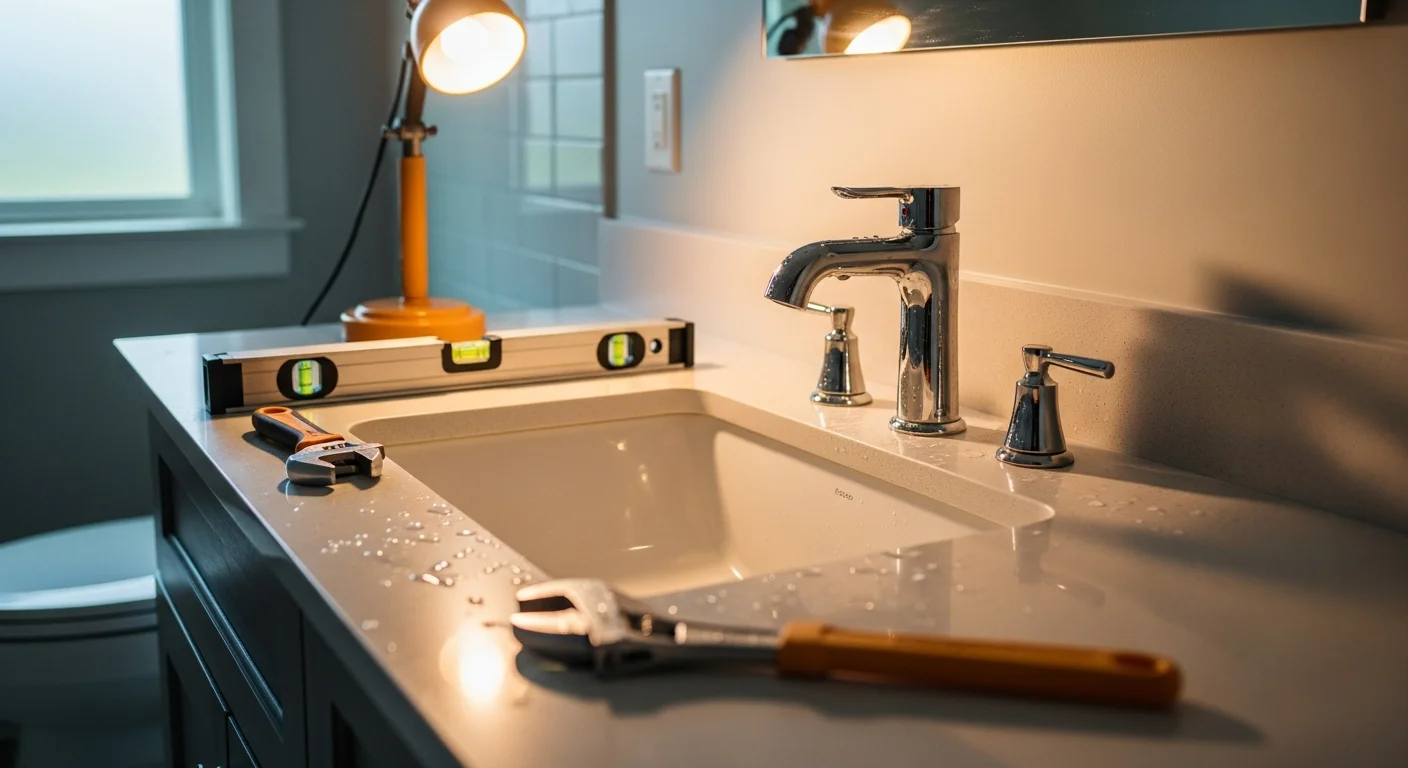 A freshly replaced bathroom sink and faucet installed in a single-family home in Franklin County, Washington, with clean supply lines and a sealed drain connection visible beneath the vanity. The updated fixture sits flush against a white vanity cabinet in a remodeled bathroom.