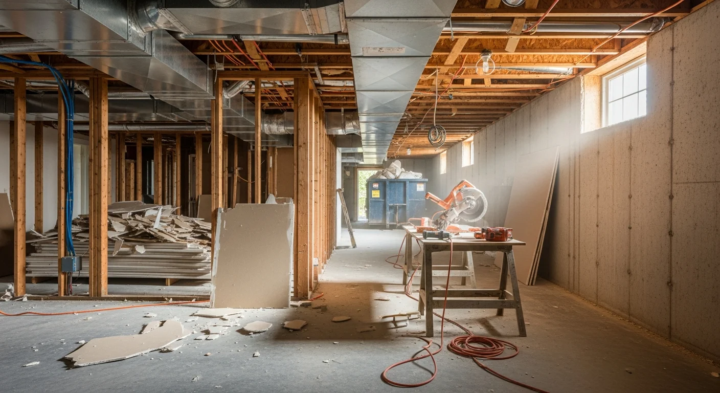 A Franklin County, Washington basement mid-demolition with old drywall removed, concrete block walls exposed, and debris staged for removal. A contractor from Lamb Contracting LLC surveys the cleared space in preparation for a full basement remodel.