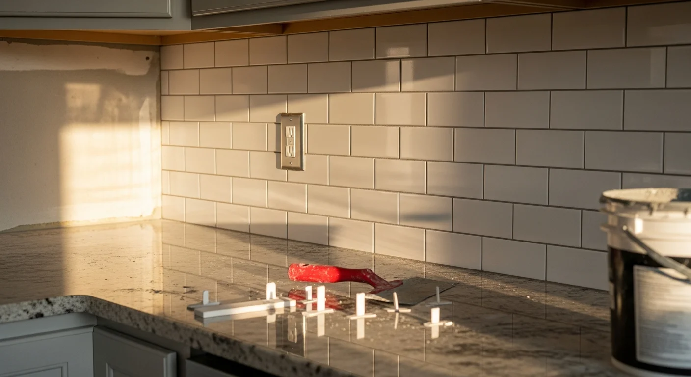 Freshly installed kitchen backsplash with clean grout lines fitted around outlet cutouts and cabinet edges in a Franklin County, Washington home. The finished wall surface runs the full length of the countertop in a residential kitchen remodeled by Lamb Contracting LLC.