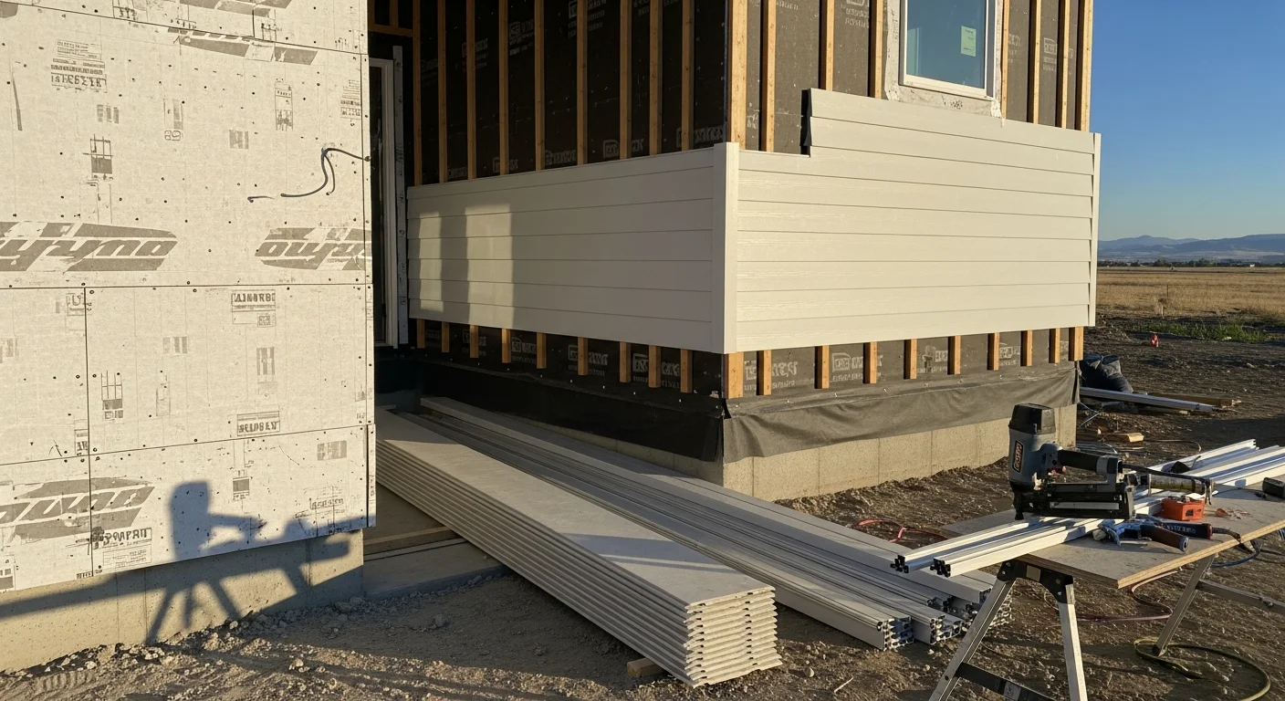 Newly installed exterior siding on a single-family home in Pasco, Franklin County, Washington, showing clean panel lines and finished trim against a clear Eastern Washington sky. Close view of the completed wall surface with no gaps, consistent color, and properly seated fasteners at the corners.
