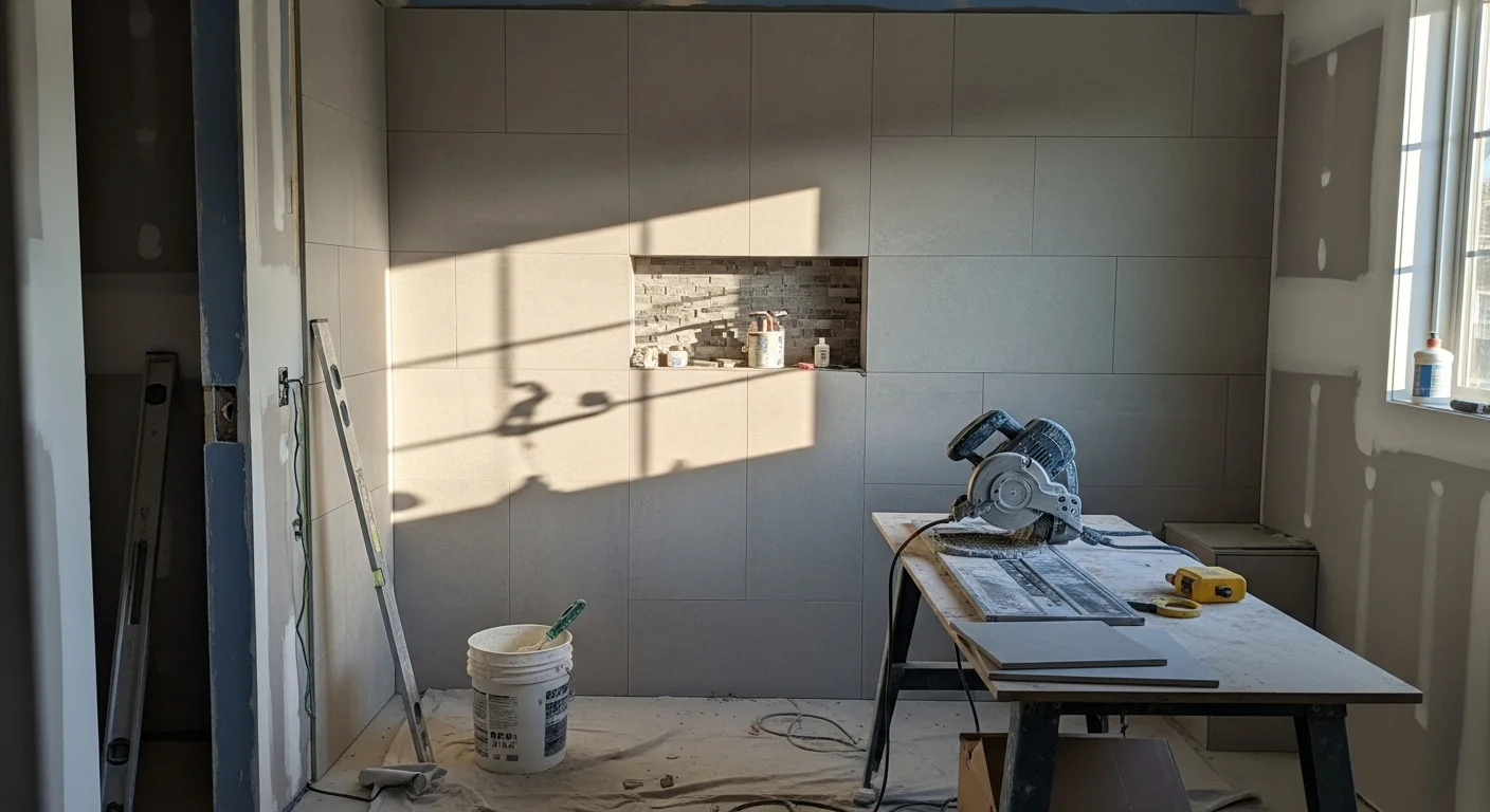 Freshly installed ceramic wall and floor tile inside a remodeled bathroom completed by Lamb Contracting LLC in Franklin County, Washington. The shower walls show clean grout lines and a level tile layout with a waterproofed floor pan.