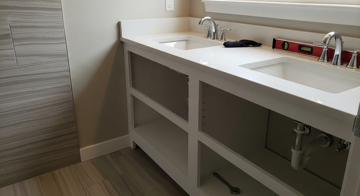 A newly installed bathroom vanity with a mounted sink and cabinet in a single-family home in Franklin County, Washington. The vanity sits flush against a freshly painted wall with visible plumbing connections neatly routed beneath the cabinet.