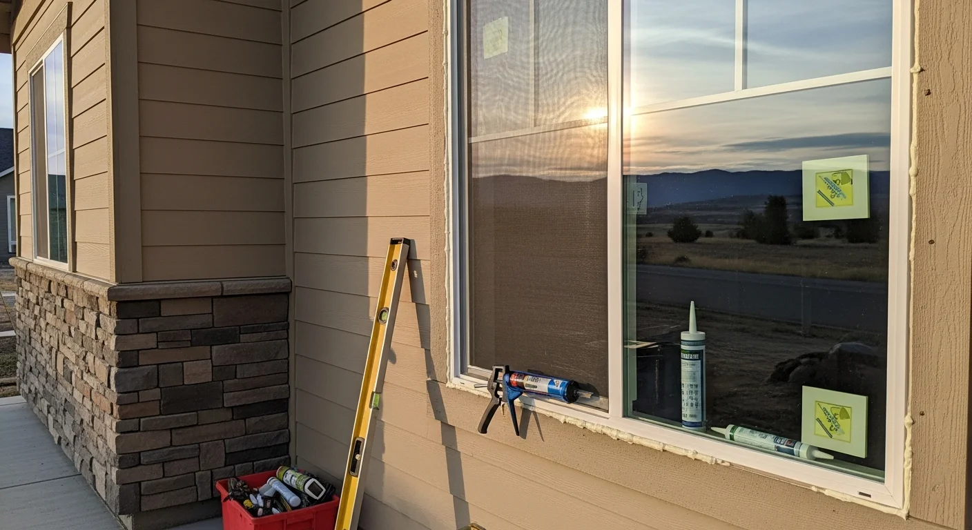 A Franklin County home exterior showing newly installed replacement windows with clean trim and sealed frames. The Pasco-area property exterior reflects the finished result of a full window replacement by Lamb Contracting LLC.